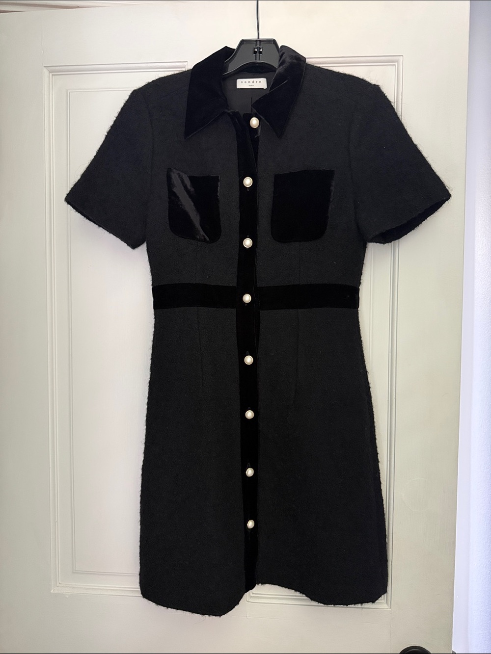 Sandro Black Short Sleeve Pearl-Button Mini Dress